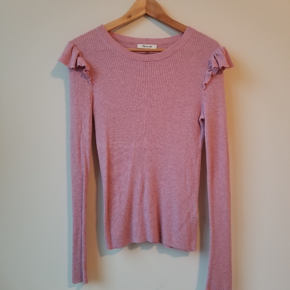MADEWELL pink sweater with ruffle shoulder
